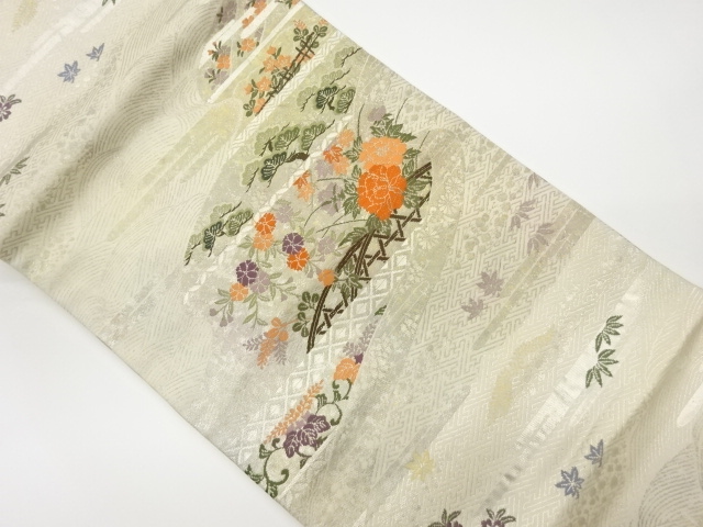 リサイクル　蛇籠に松・秋草模様織出し名古屋帯